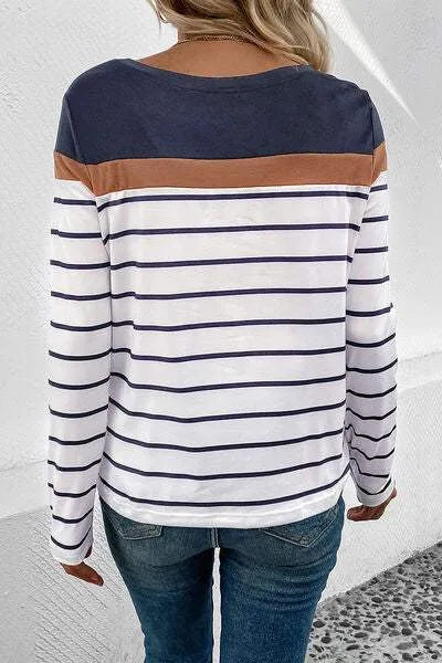 Striped Round Neck Long Sleeve T-Shirt Women's T-Shirts - Tophatter Daily Deals